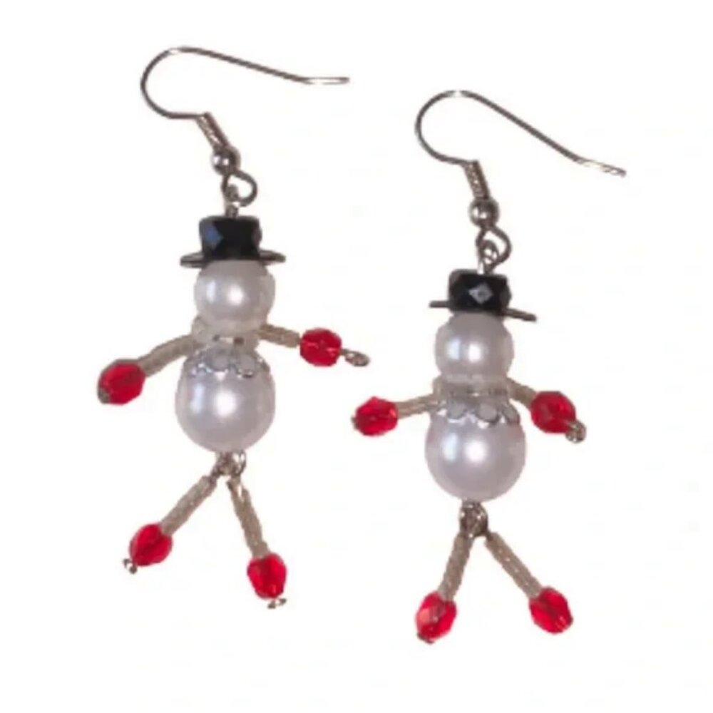 Beaded Faux Pearl Snowman with Top Hat Dangle Earrings